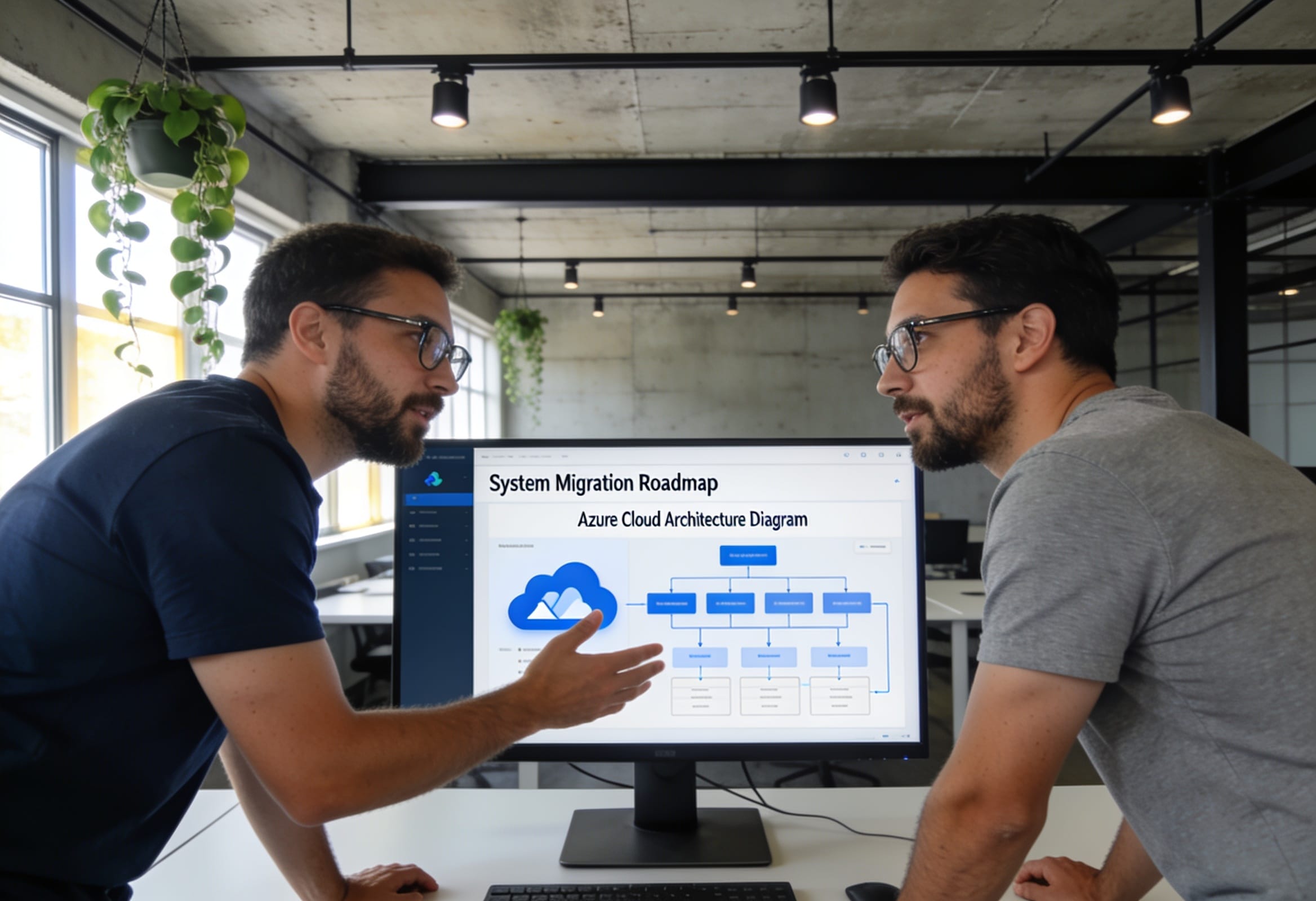 Two Cerebrum City architects reviewing a BizTalk-to-Azure migration roadmap on screen