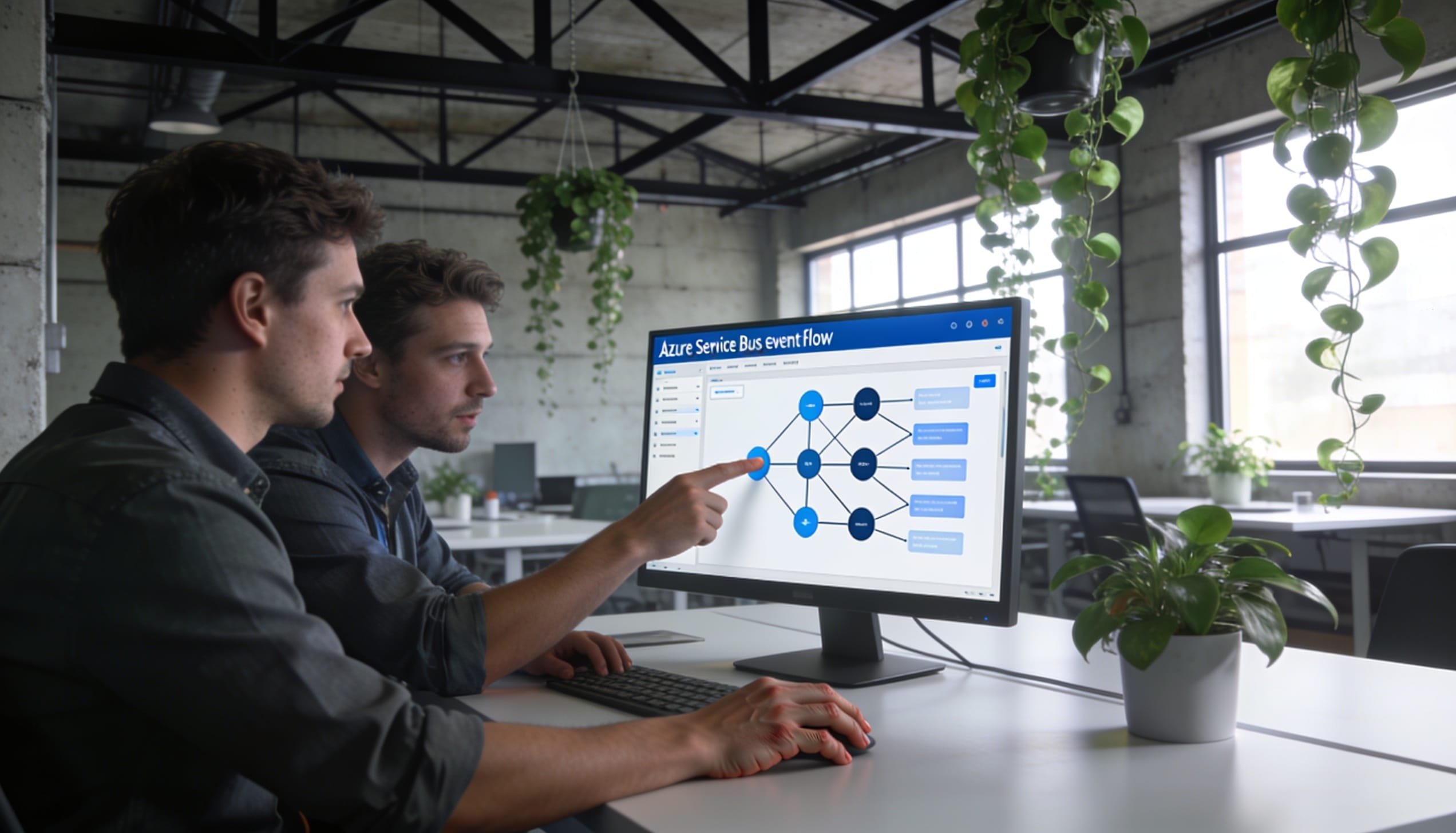 Cerebrum City engineers reviewing an Azure Service Bus event-flow dashboard